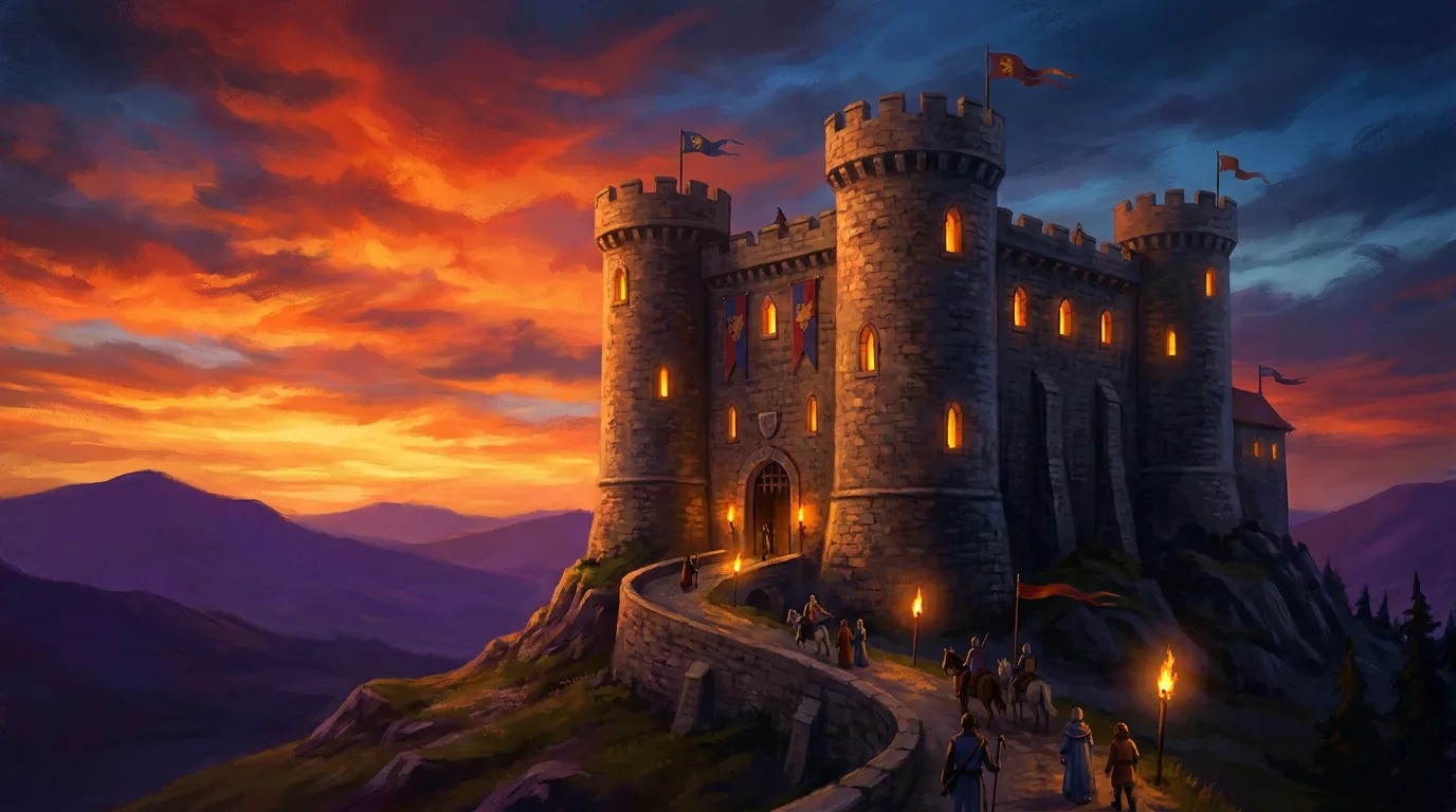 A painted hilltop stone castle with round towers and heraldic banners against a dramatic dusk sky